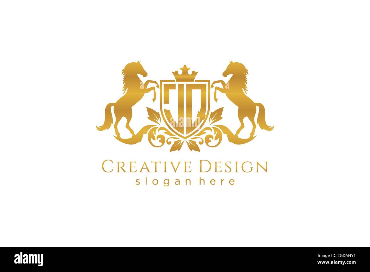 Cresta dorata JQ retro con scudo e due cavalli, stemma con scroll e corona reale - perfetta per progetti di branding di lusso Illustrazione Vettoriale