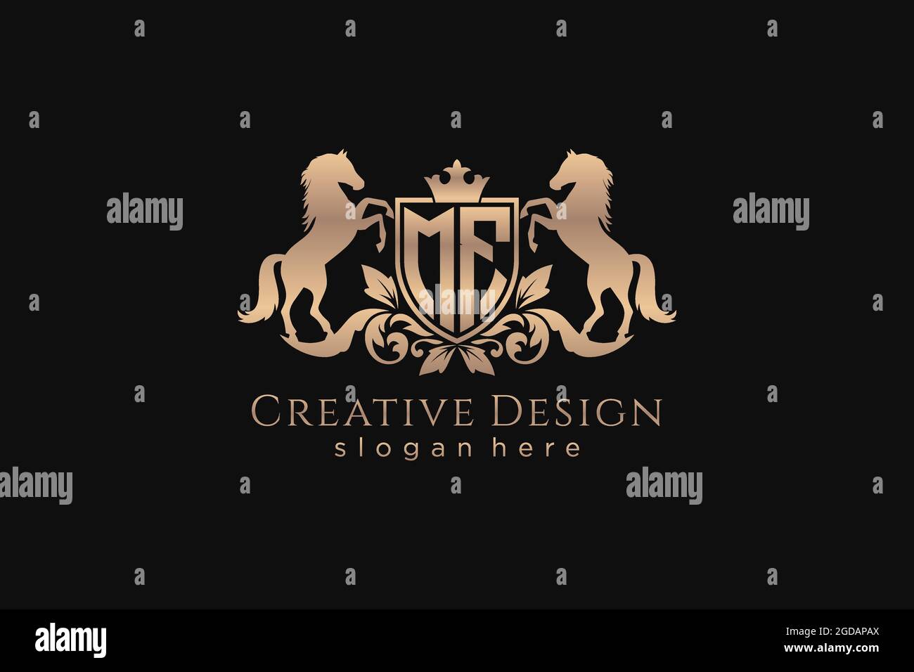 Cresta d'oro retrò MF con scudo e due cavalli, modello con stemma e corona reale, perfetta per progetti di branding di lusso Illustrazione Vettoriale