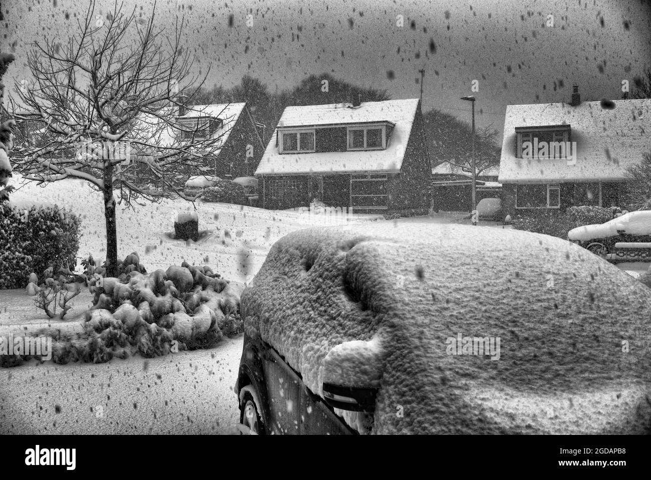 Digitalmente migliorato, manipolato, Snowy scena in casa, nevicate pesanti, automobili innevate, coperto di neve, scena invernale, Scozia, Regno Unito. Foto Stock
