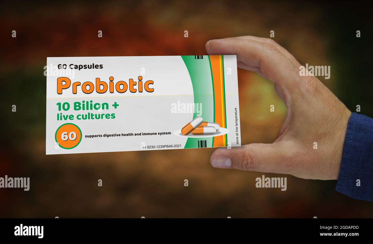 Produzione di confezioni probiotiche. Scatola di farmaco di terapia antibiotica medica in mano. Illustrazione del rendering 3d del concetto astratto. Colture batteriche vive per la salute Foto Stock