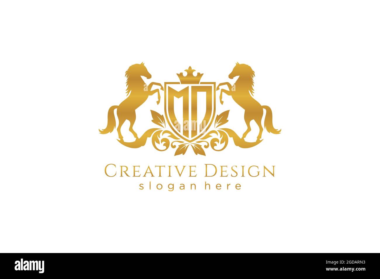 CRESTA dorata MN retro con scudo e due cavalli, stemma con scroll e corona reale - perfetta per progetti di branding di lusso Illustrazione Vettoriale