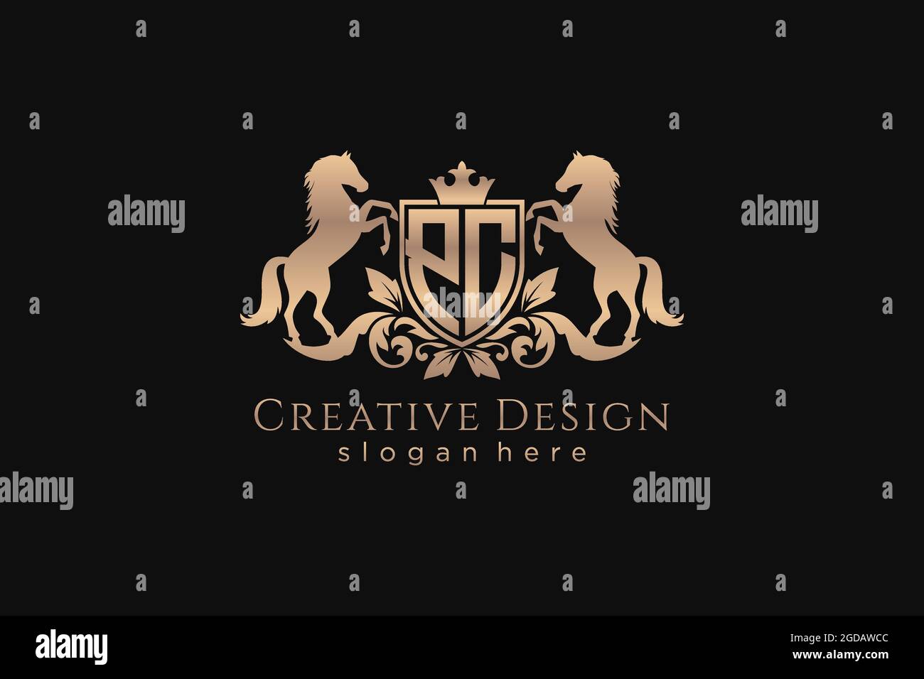 Cresta dorata PC retro con scudo e due cavalli, modello badge con scroll e corona reale - perfetta per progetti di branding di lusso Illustrazione Vettoriale
