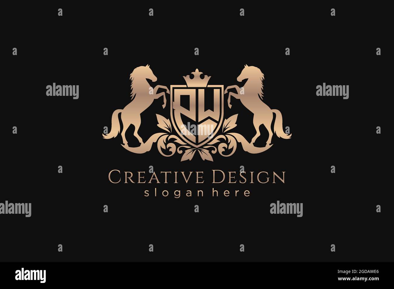 Stemma d'oro PW retro con scudo e due cavalli, stemma con scroll e corona reale - perfetto per progetti di branding di lusso Illustrazione Vettoriale