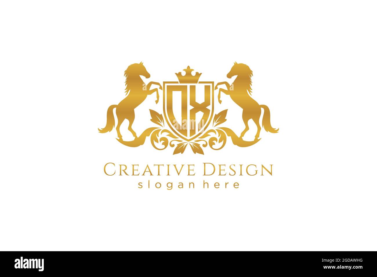 CRESTA d'oro OX retro con scudo e due cavalli, modello badge con scroll e corona reale - perfetto per progetti di branding di lusso Illustrazione Vettoriale