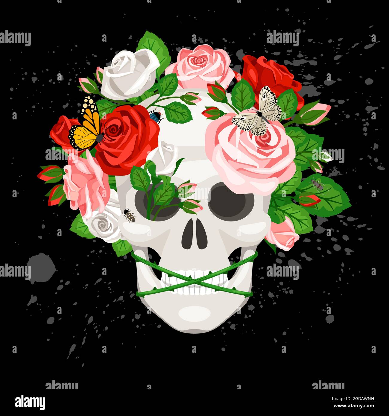 Isolato bianco umano vettore cranio in belle rose fiori, coleotteri, farfalle su sfondo nero con blot Illustrazione Vettoriale