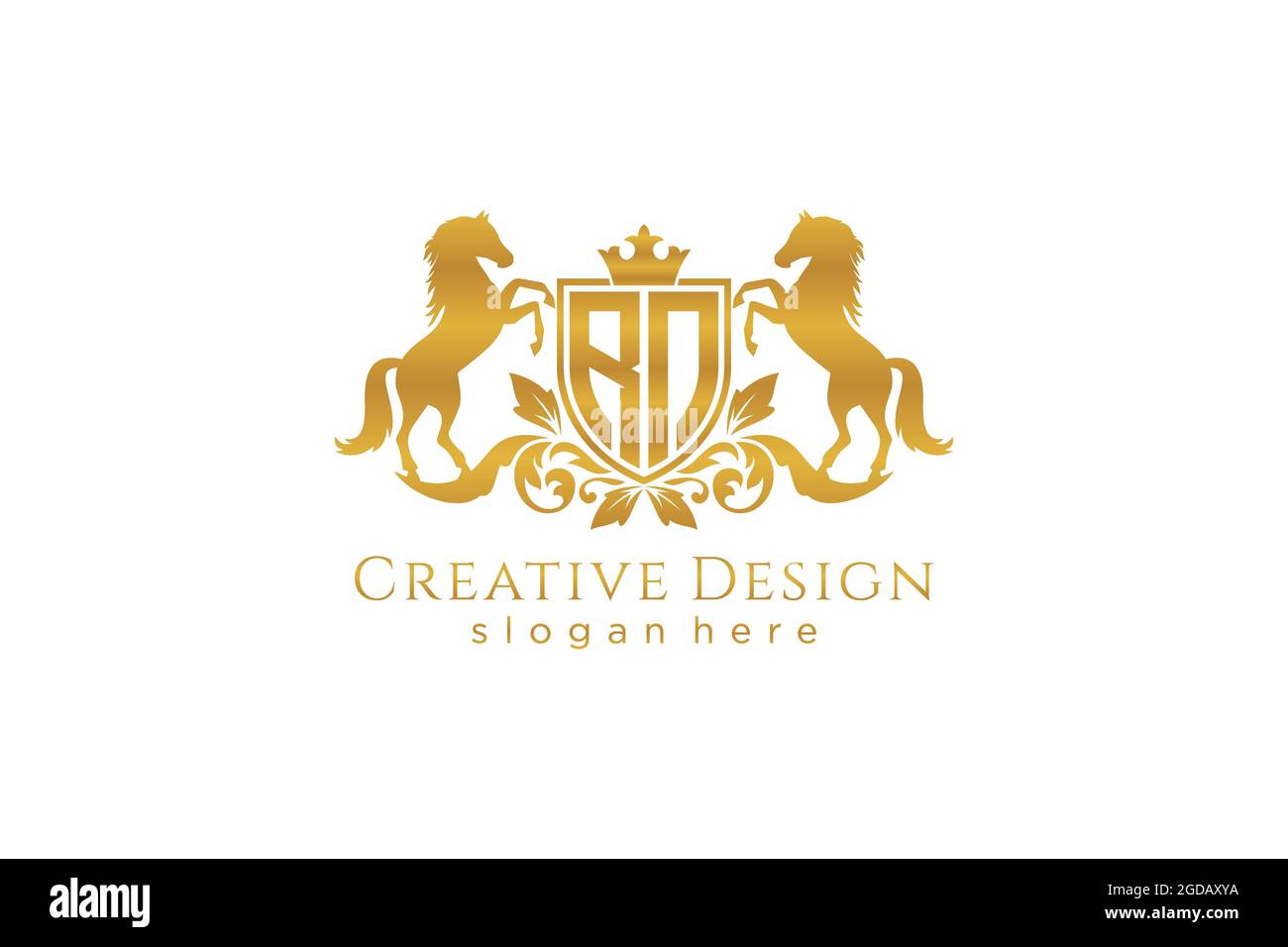 Cresta d'oro RN con scudo e due cavalli, stemma con scroll e corona reale - perfetta per progetti di branding di lusso Illustrazione Vettoriale