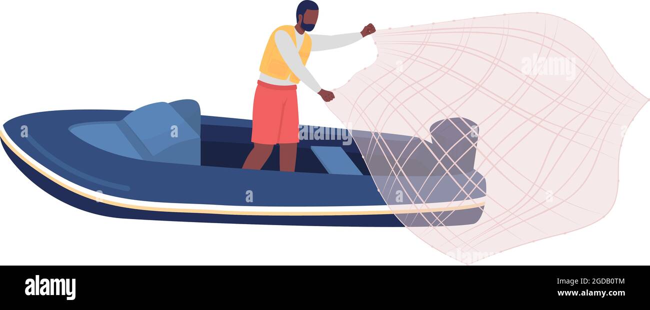 Pescatore con attrezzi da pesca semi piatto colore carattere vettoriale Illustrazione Vettoriale