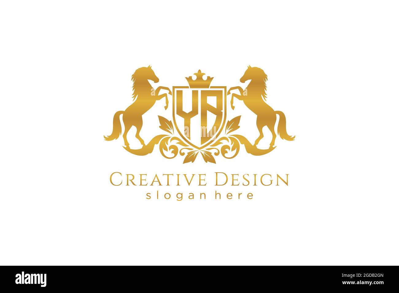 CRESTA dorata YB retro con scudo e due cavalli, modello badge con rotoli e corona reale - perfetta per progetti di branding di lusso Illustrazione Vettoriale