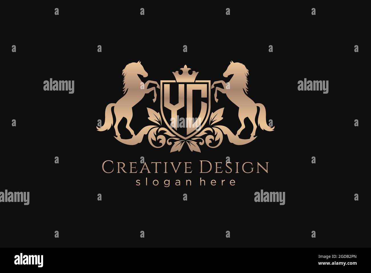 Cresta dorata YC retro con scudo e due cavalli, modello badge con rotoli e corona reale - perfetta per progetti di branding di lusso Illustrazione Vettoriale