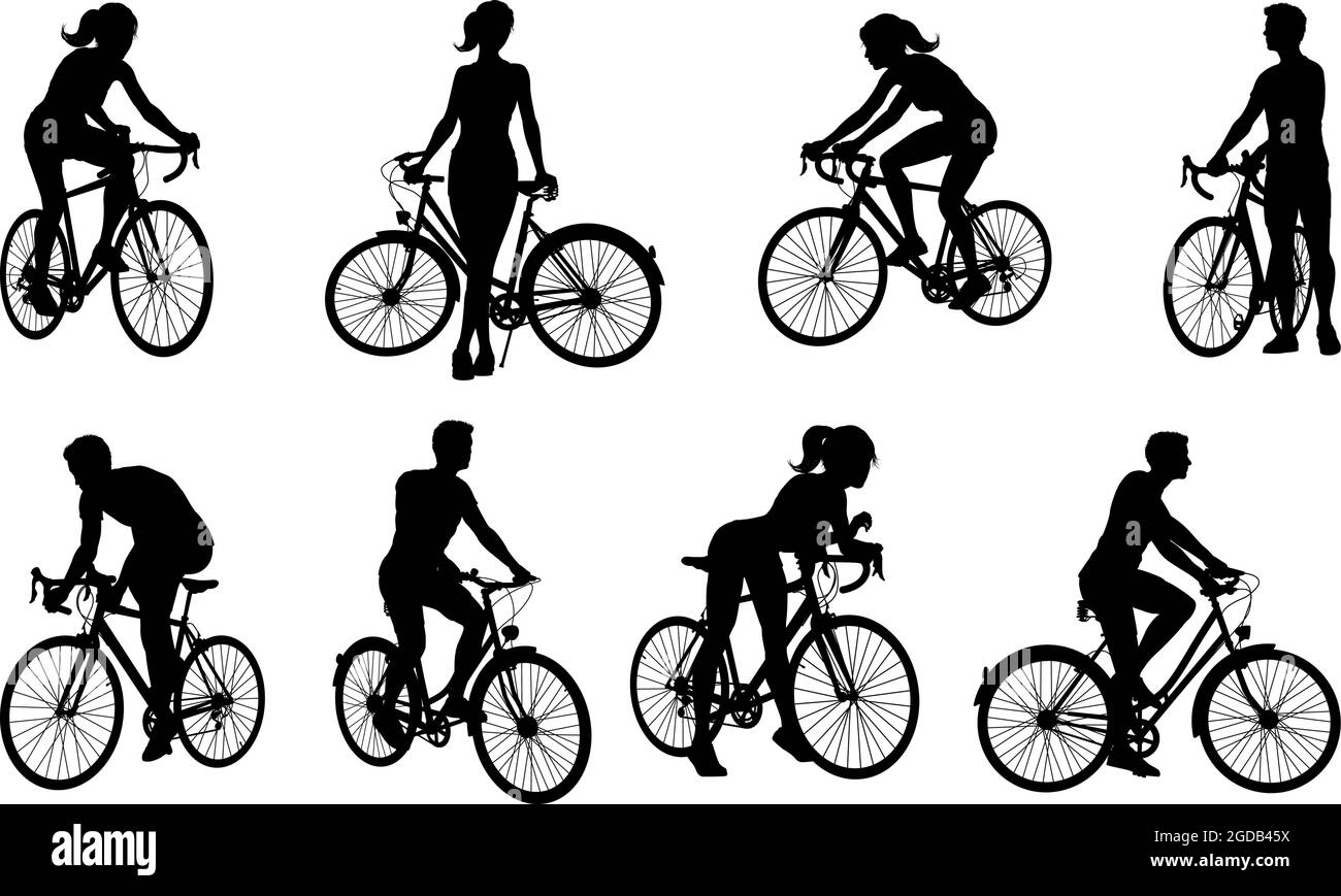 Andare in bicicletta bici ciclisti sagome impostato Illustrazione Vettoriale