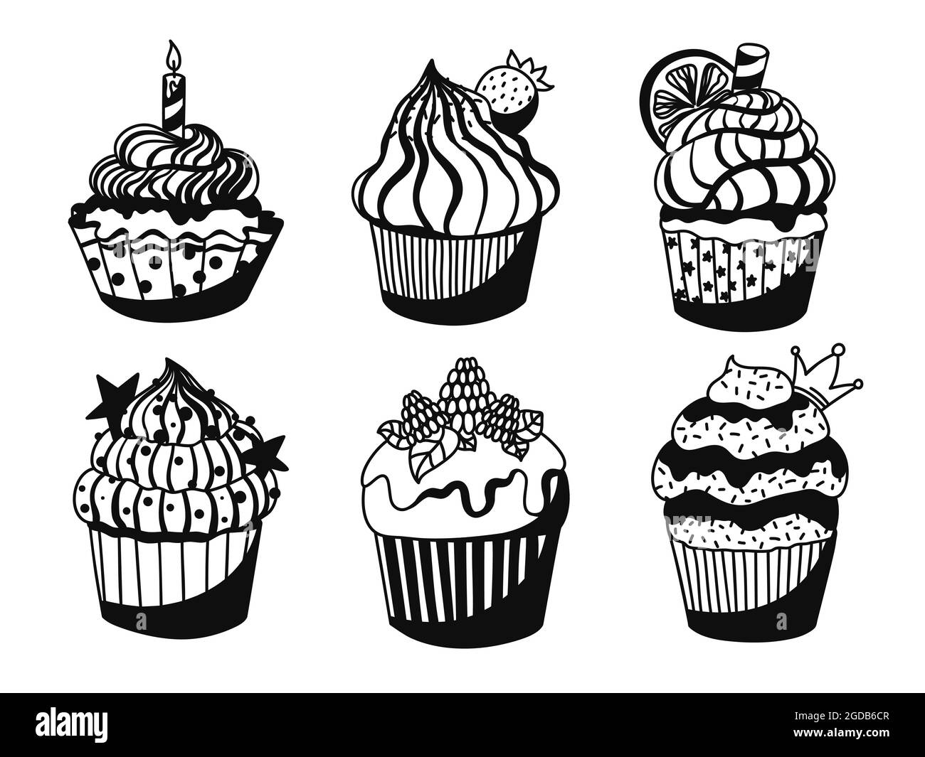 Muffin bianchi e neri con decorazioni diverse: Crema, condimento, frutti di bosco, agrumi, candela. Collezione di dolci disegnati a mano. Vettore Illustrazione Vettoriale