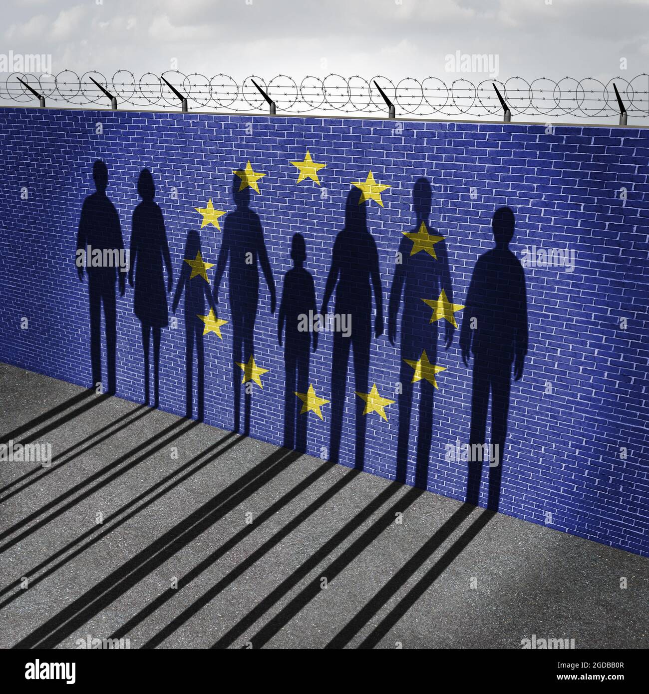 L'immigrazione dell'Unione europea e l'Europa i rifugiati migranti si trovano in crisi come persone su un muro di confine con una bandiera dell'Unione europea come questione sociale sui rifugiati. Foto Stock