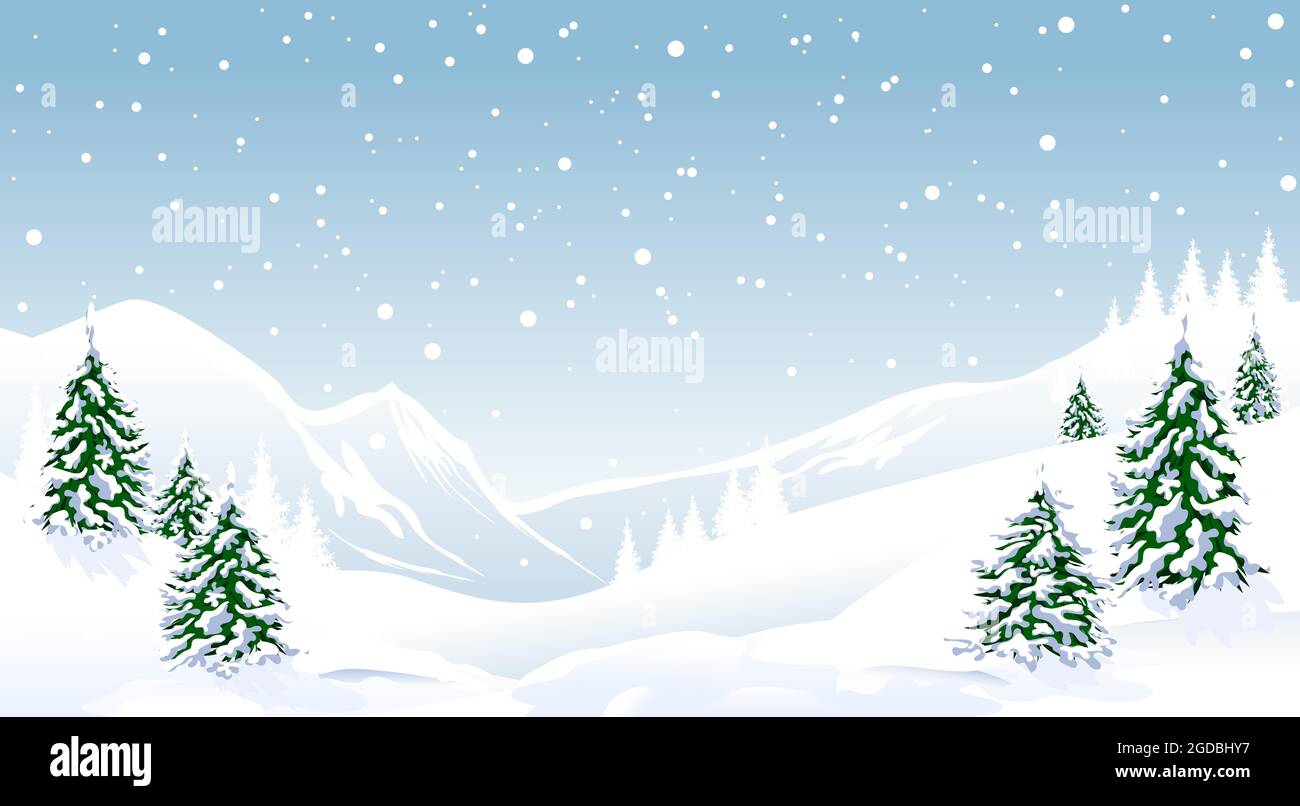 Paesaggio invernale. Montagne innevate, abete rosso coperto di neve. Neve, fiocchi di neve. Scena invernale. Illustrazione Vettoriale