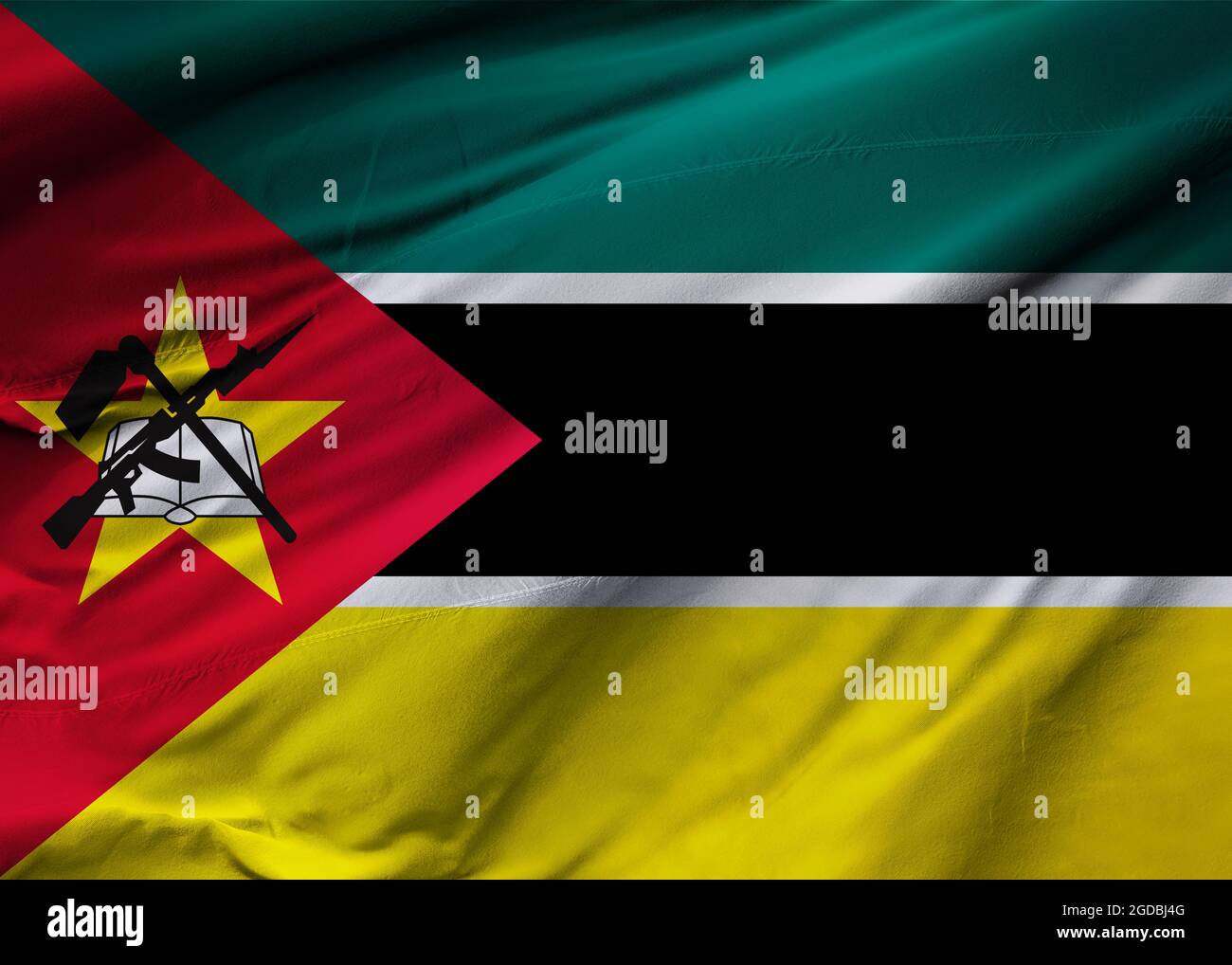 Bandiera della Repubblica del Mozambico che soffia nel vento. Texture di sfondo. Maputo. Illustrazione 3d. Rendering 3d. Foto Stock