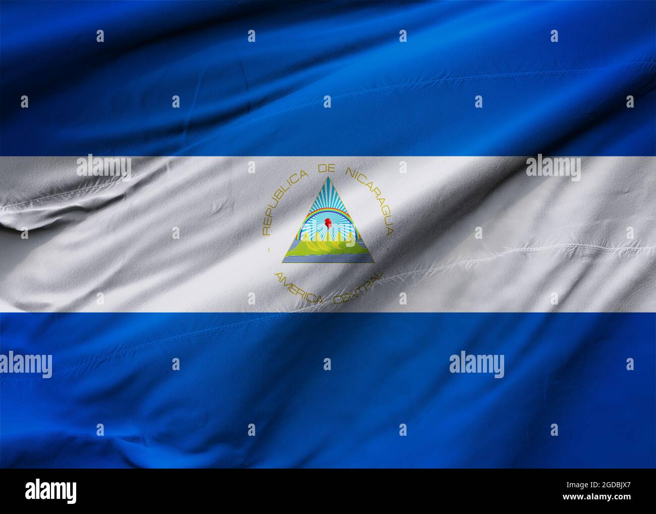 Bandiera della Repubblica del Nicaragua che soffia nel vento. Texture di sfondo. Managua. Illustrazione 3d. Rendering 3d. Foto Stock