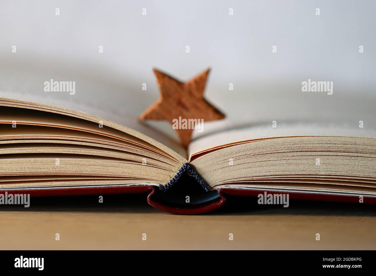 Nahaufnahme eines aufgeschlagenen Buches mit rotem Einband einem Holzstern als Lesezeichen Foto Stock