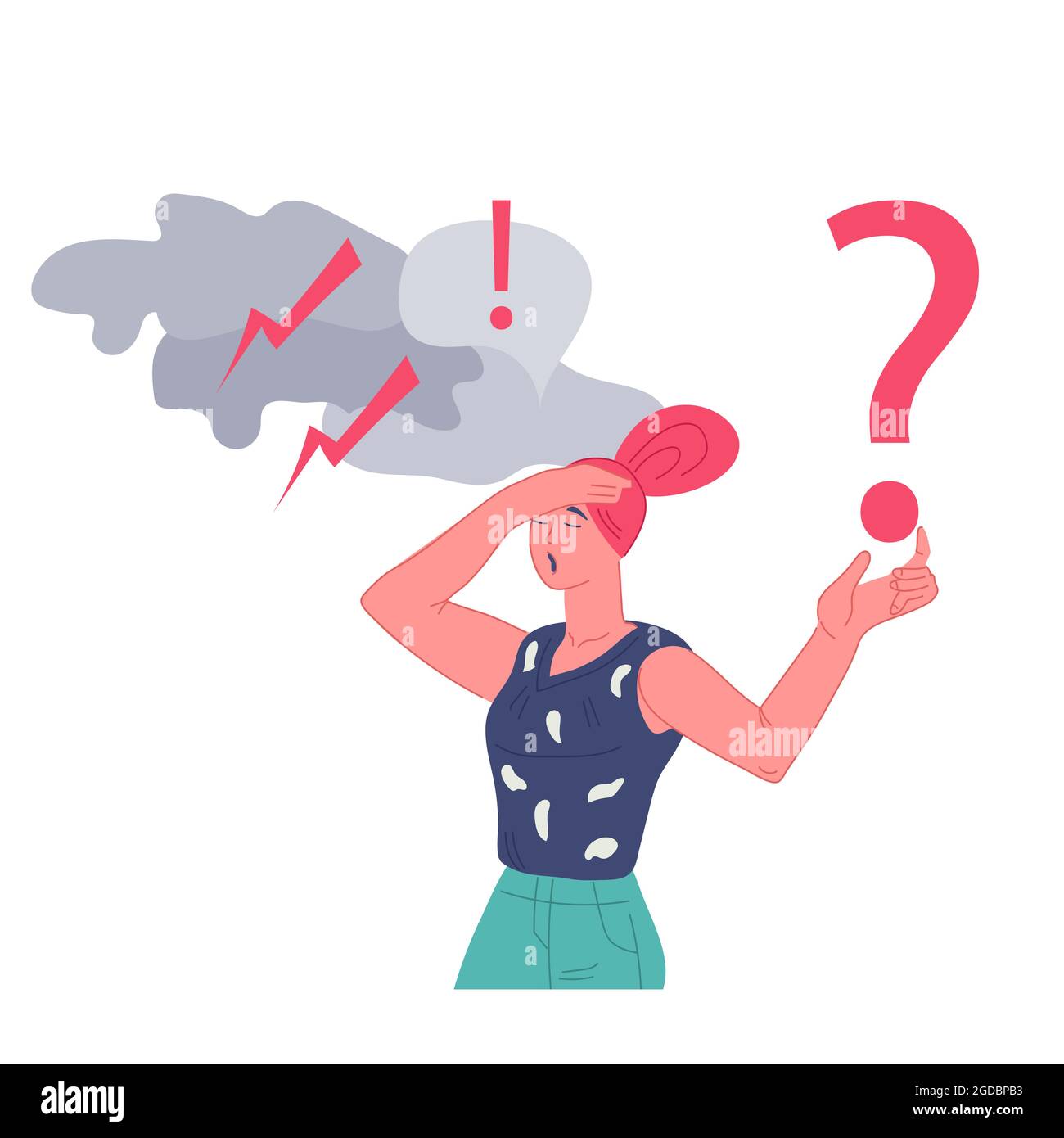 Sconvolto donna confusa che ha un problema irrisolto, vettore piatto isolato. Illustrazione Vettoriale