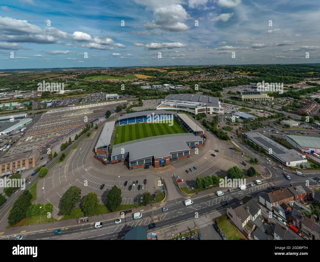 Chesterfield Football Club Stadio tecnica Stadio Aerial Drone View Foto Stock