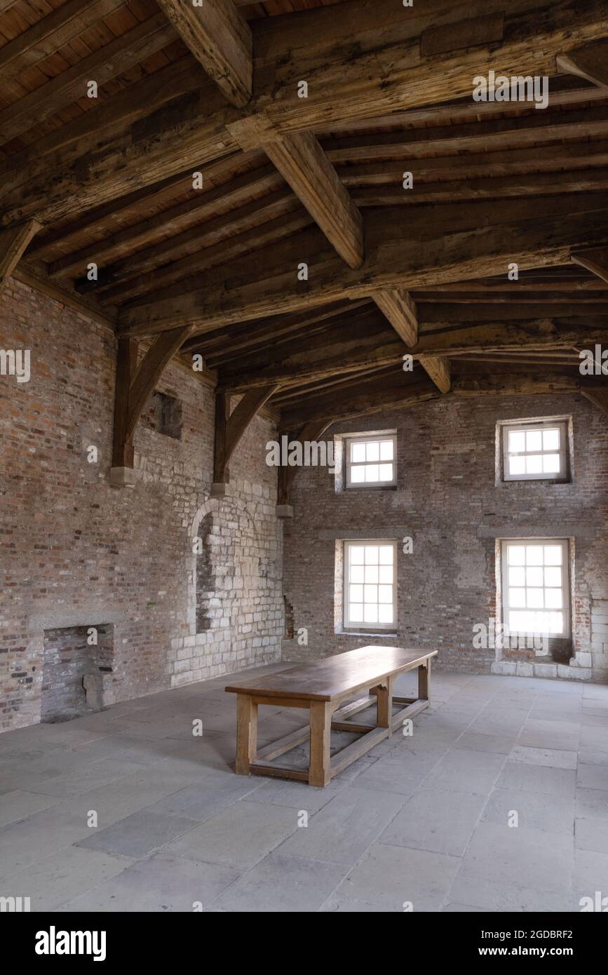 La sala principale, Burton Agnes Manor House, un edificio medievale del XII secolo, Burton Agnes, Yorkshire UK Foto Stock