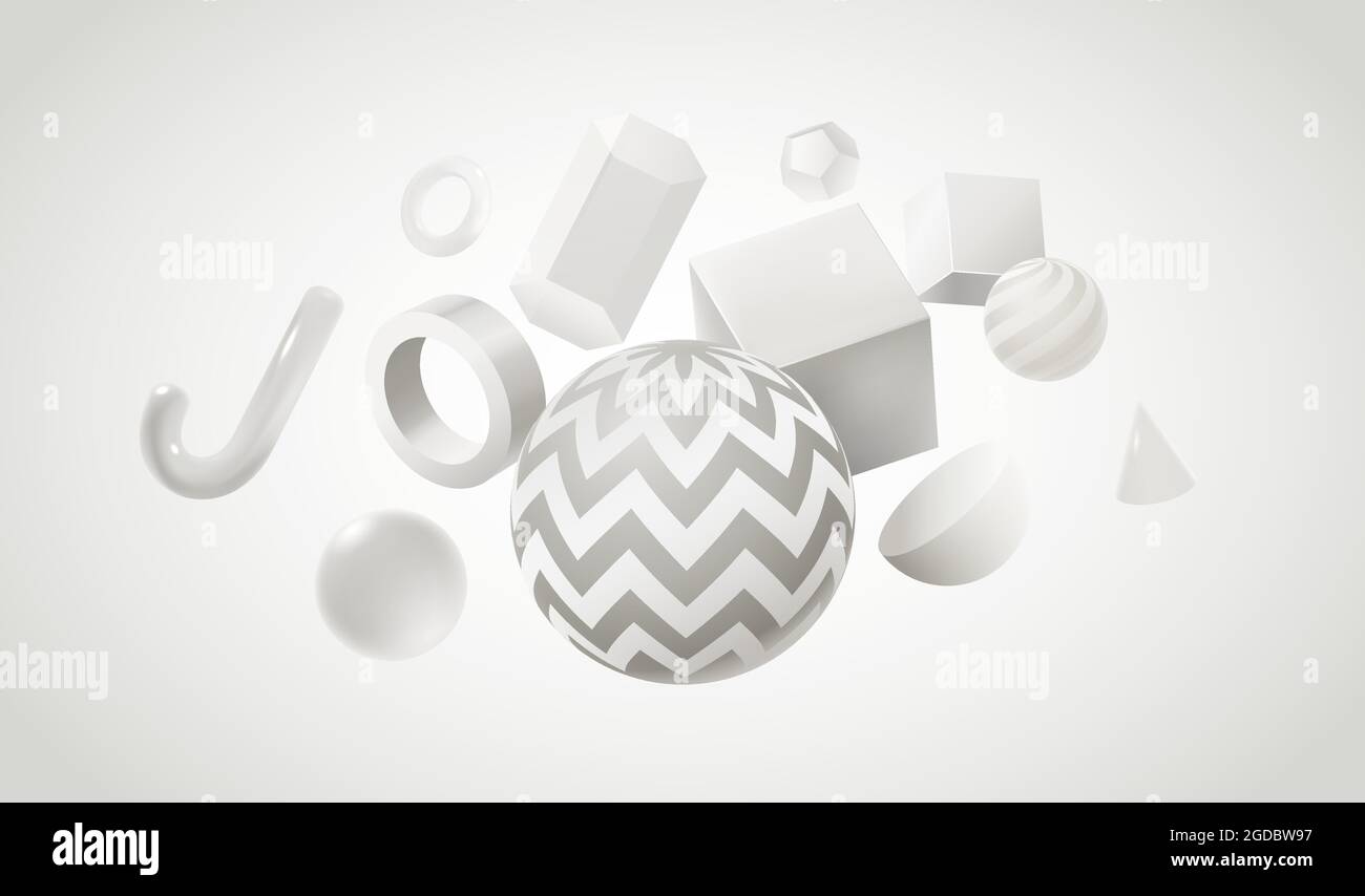 Disegno astratto dello sfondo con forme geometriche bianche 3d. Poster grafico creativo con sfere e cubi realistici. Figure della geometria vettoriale Illustrazione Vettoriale