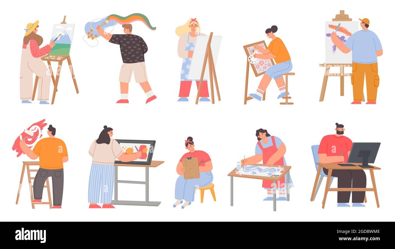 Pittori d'arte, artisti digitali e personaggi di graphic designer. Uomini e donne disegnano la pittura sul cavalletto di tela. Job creativo o insieme vettoriale hobby Illustrazione Vettoriale
