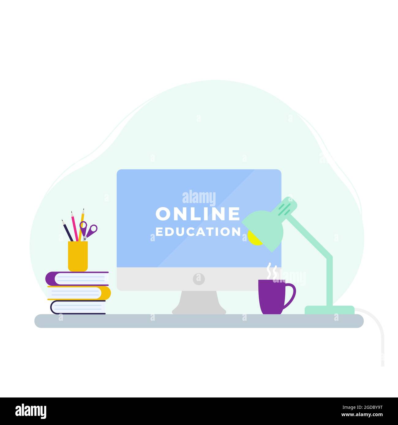Concetto di formazione online. Computer desktop, lampada, libri, caffè e forniture ufficio sulla scrivania. Ritorno a scuola. Illustrazione vettoriale, design piatto Illustrazione Vettoriale