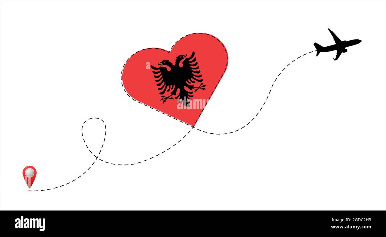 Volo in aereo con bandiera della Repubblica di Albania nel cuore. Viaggia nel tuo paese preferito. Immagine piatta vettoriale. Illustrazione Vettoriale