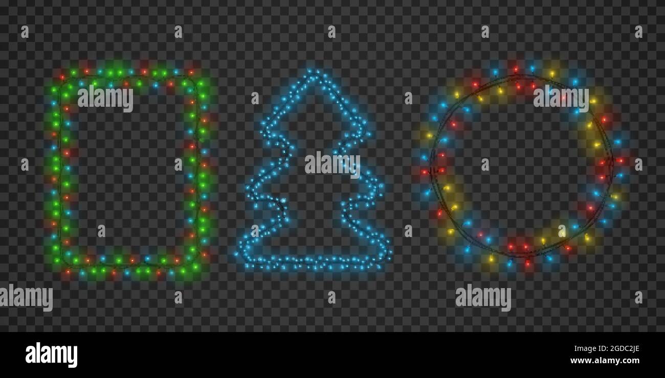 Montature di ghirlanda natalizia leggera a forma di tondo, quadrato e albero. Xmas glow border decorazione per i saluti di vacanza. Luci e spie gruppo vettoriale wreath Illustrazione Vettoriale