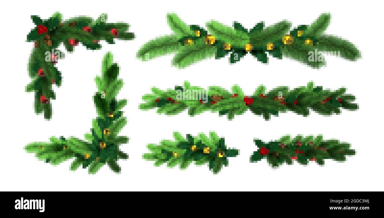 Realistico albero di natale ghirlande bordi e angoli cornice. Decorazione per vacanze invernali con ramificazione di abete, foglia di agrifoglio e coni di pino, set vettoriale Illustrazione Vettoriale