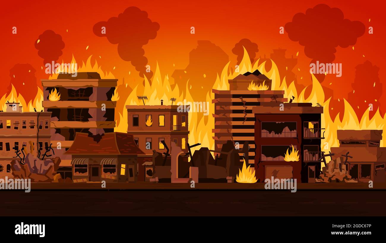 Cartoon apocalittico paesaggio della città con distrutto edificio sul fuoco. Paesaggio urbano con case di strada bruciate e fumo. Concetto di incendio in città vettoriale Illustrazione Vettoriale