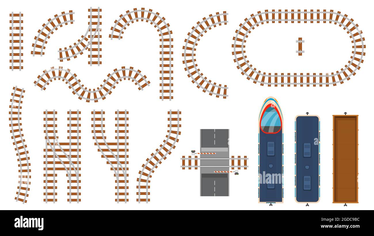 Vista dall'alto degli elementi ferroviari e ferroviari piatti. Costruzione di mappe di binari ferroviari, barriere, strade ferroviarie curve, locomotori e set di vettori di carri da carico Illustrazione Vettoriale