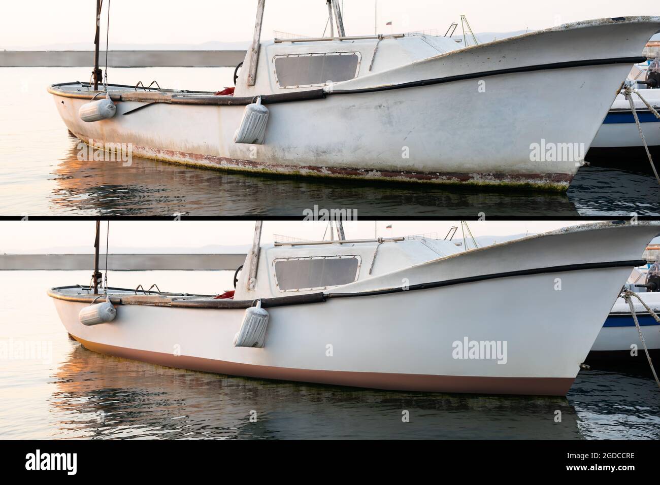 Servizi di verniciatura e riparazione di imbarcazioni e yacht. Prima e dopo Foto Stock