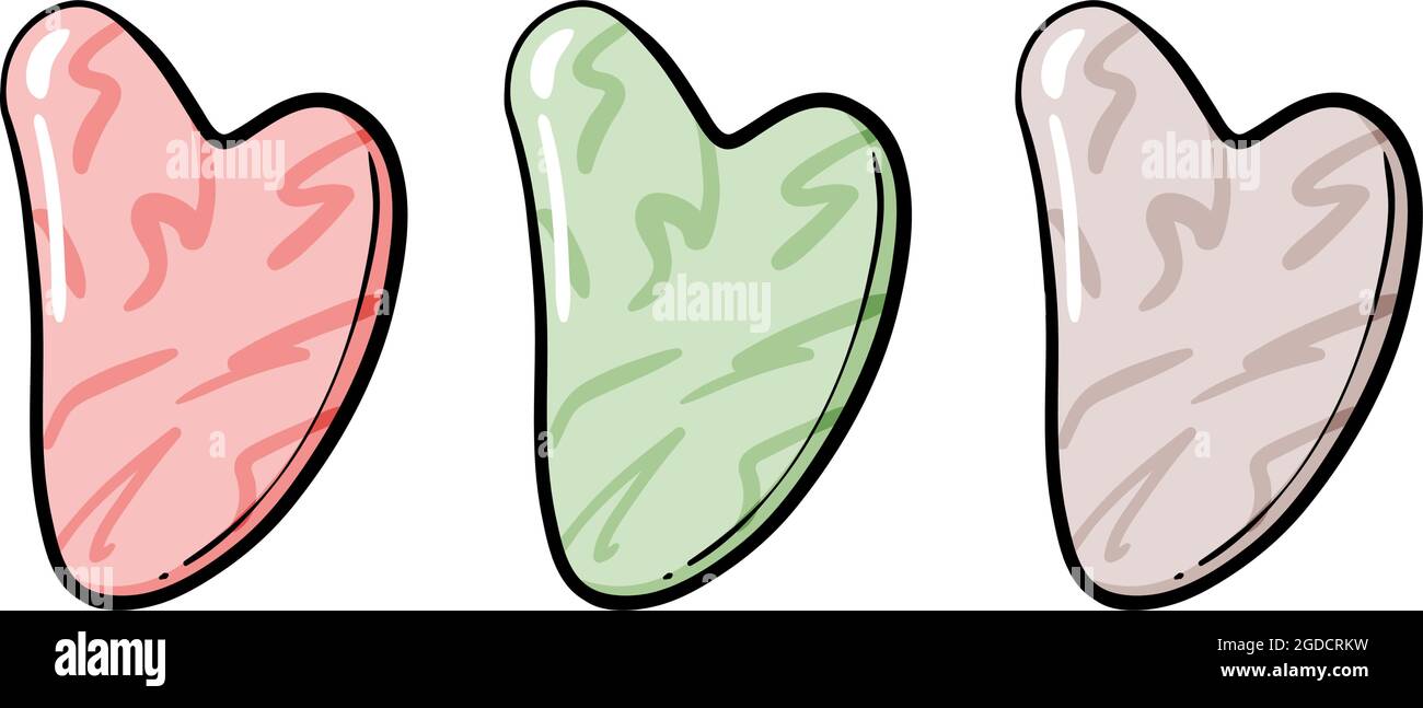 Raschietto di massaggio Gua sha, utensile in pietra di giada al quarzo per lo yoga del viso, massaggio del viso, massaggiatore tradizionale con punto di agopuntura asiatica, illustrazione vettoriale con doodle cartoon isolata su bianco. Illustrazione vettoriale Illustrazione Vettoriale
