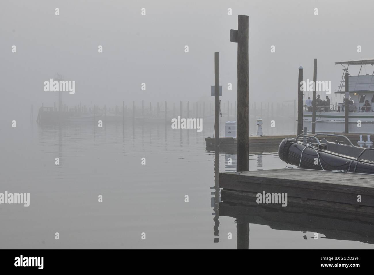 Una vista della fitta nebbia dalla rampa di imbarco cittadina a Port Jefferson, New York. Spazio di copia. Foto Stock