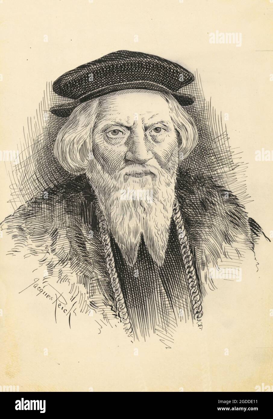 Disegno a penna e inchiostro dell'esploratore veneziano Sebastian Cabot o Sebastiano Caboto di Jacques Reich (1852-1923) Foto Stock