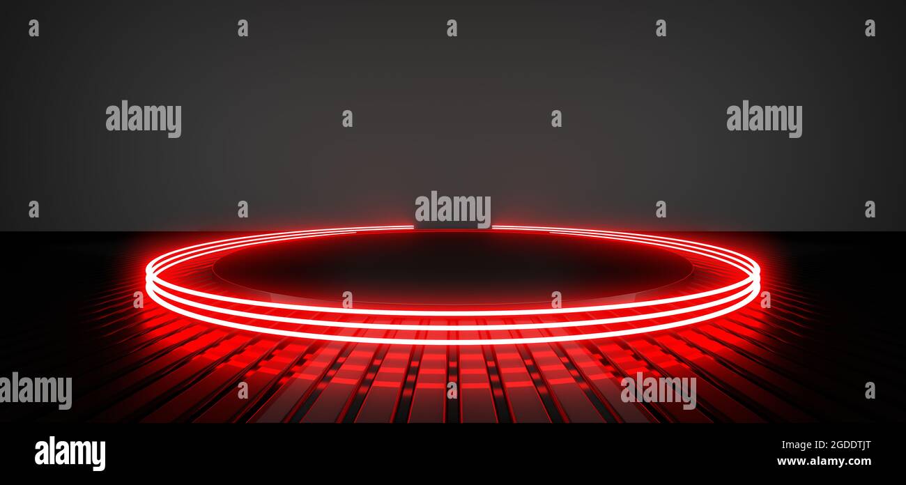 Palco vuoto, podio, posto per il prodotto. Luci al neon colorate. immagine di rendering 3d. Riflessi sfocati sul pavimento. Luogo per presentare un prodotto. 3d rend Foto Stock