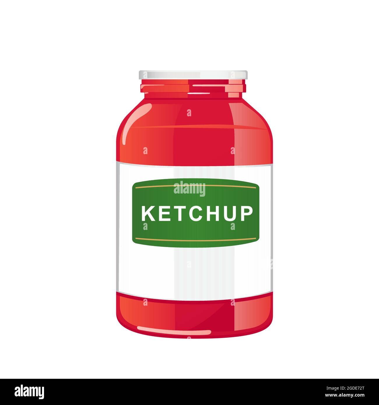 Vasetto di salsa di pomodoro con coperchio bianco. Condimento rosso naturale speziato in contenitore con etichetta. Illustrazione vettoriale in cartoni animati piani isolati su sfondo bianco. Illustrazione Vettoriale