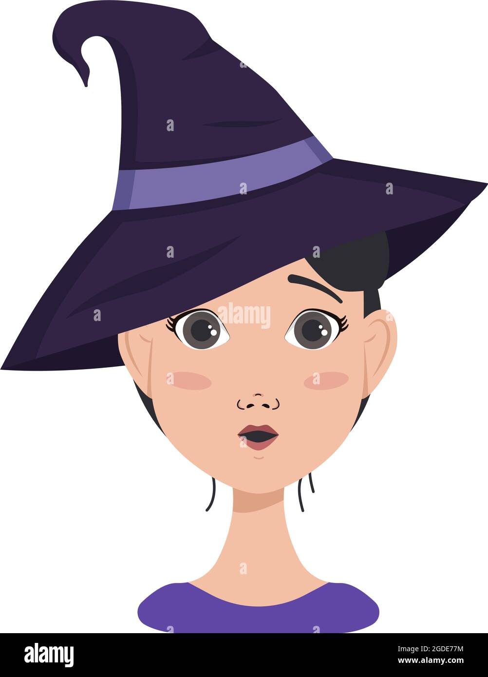 Avatar di donna asiatica con capelli scuri, emozioni a sorpresa, occhi aperti viso e bocca rotonda, con un cappello di strega. Personaggio di Halloween in costume Illustrazione Vettoriale