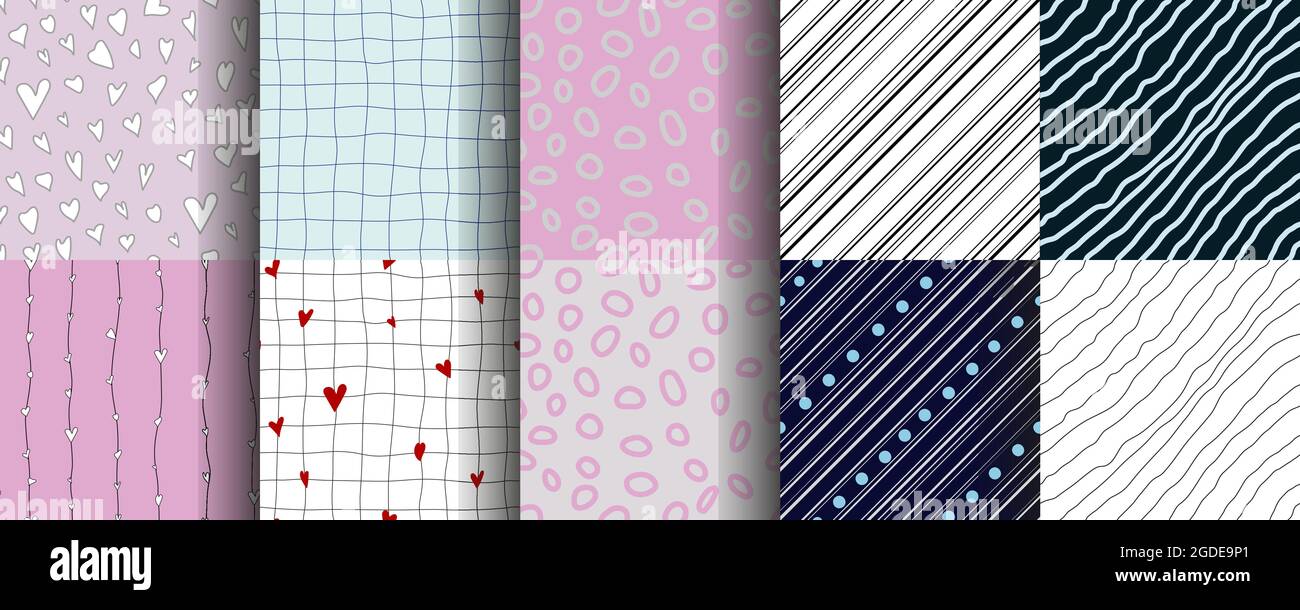 Schema senza giunture astratto geometrico. Insieme di motivi. Elementi di cuore, linea, quadrati, diagonali, spot in motivi chiari senza giunture. Ripetere le piastrelle infinite per Illustrazione Vettoriale
