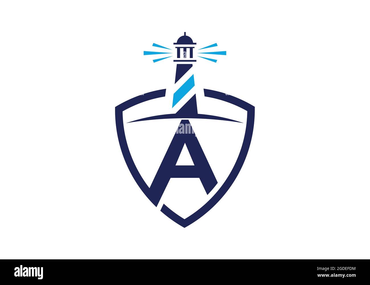 Initial UN alfabeto monogramma in uno scudo con il faro. Logo Harbour. Fregio del carattere. Moderno logo vettoriale faro per aziende, organizzazioni Illustrazione Vettoriale