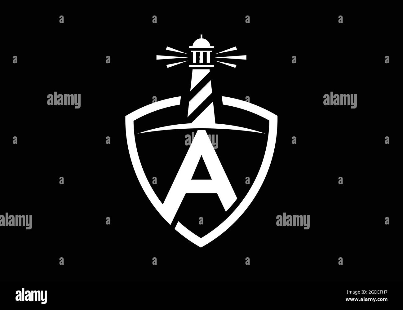 Initial UN alfabeto monogramma in uno scudo con il faro. Logo Harbour. Fregio del carattere. Moderno logo vettoriale faro per aziende, organizzazioni Illustrazione Vettoriale