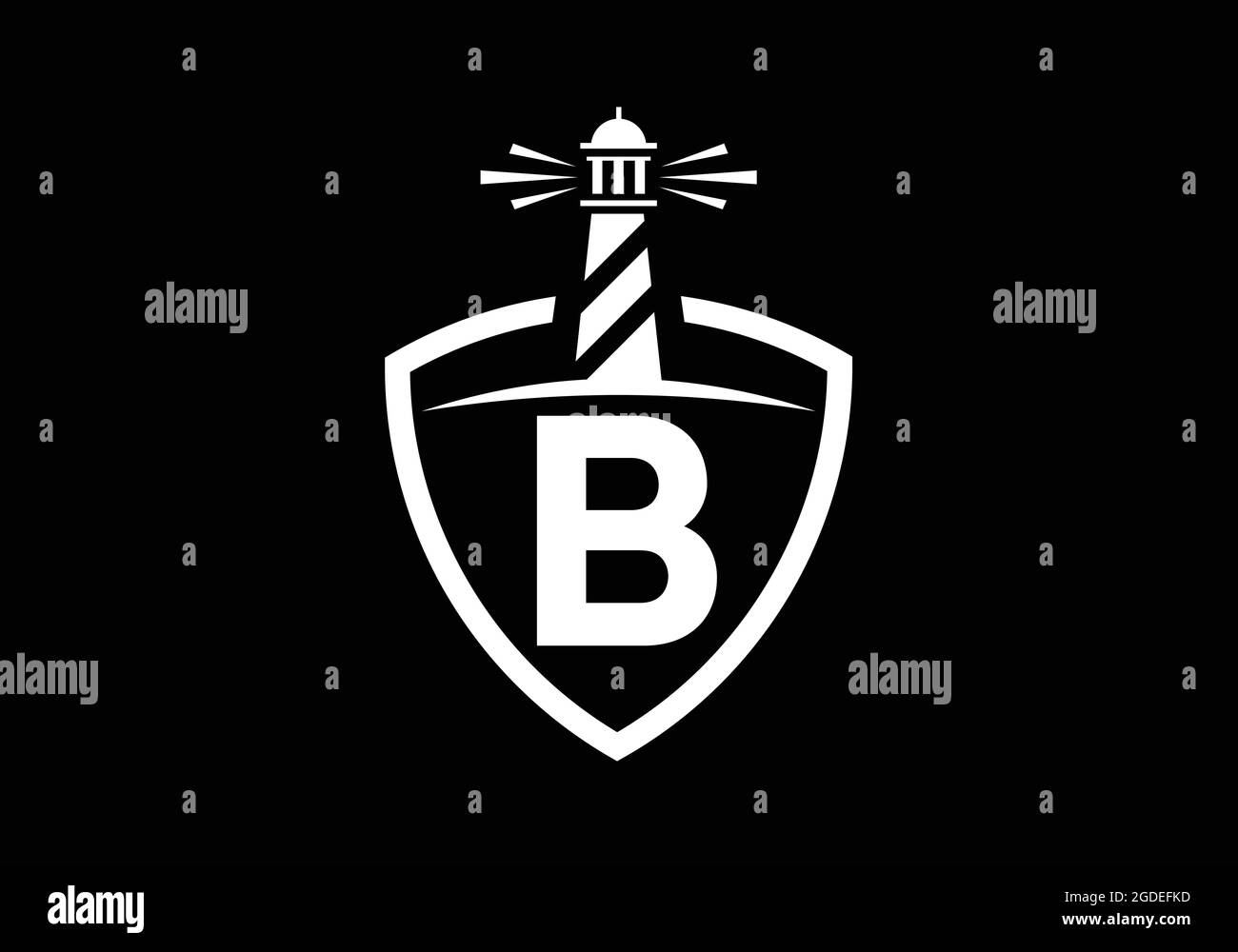 Alfabeto monogramma iniziale B in uno scudo con il faro. Logo Harbour. Fregio del carattere. Moderno logo vettoriale faro per aziende, organizzazioni Illustrazione Vettoriale