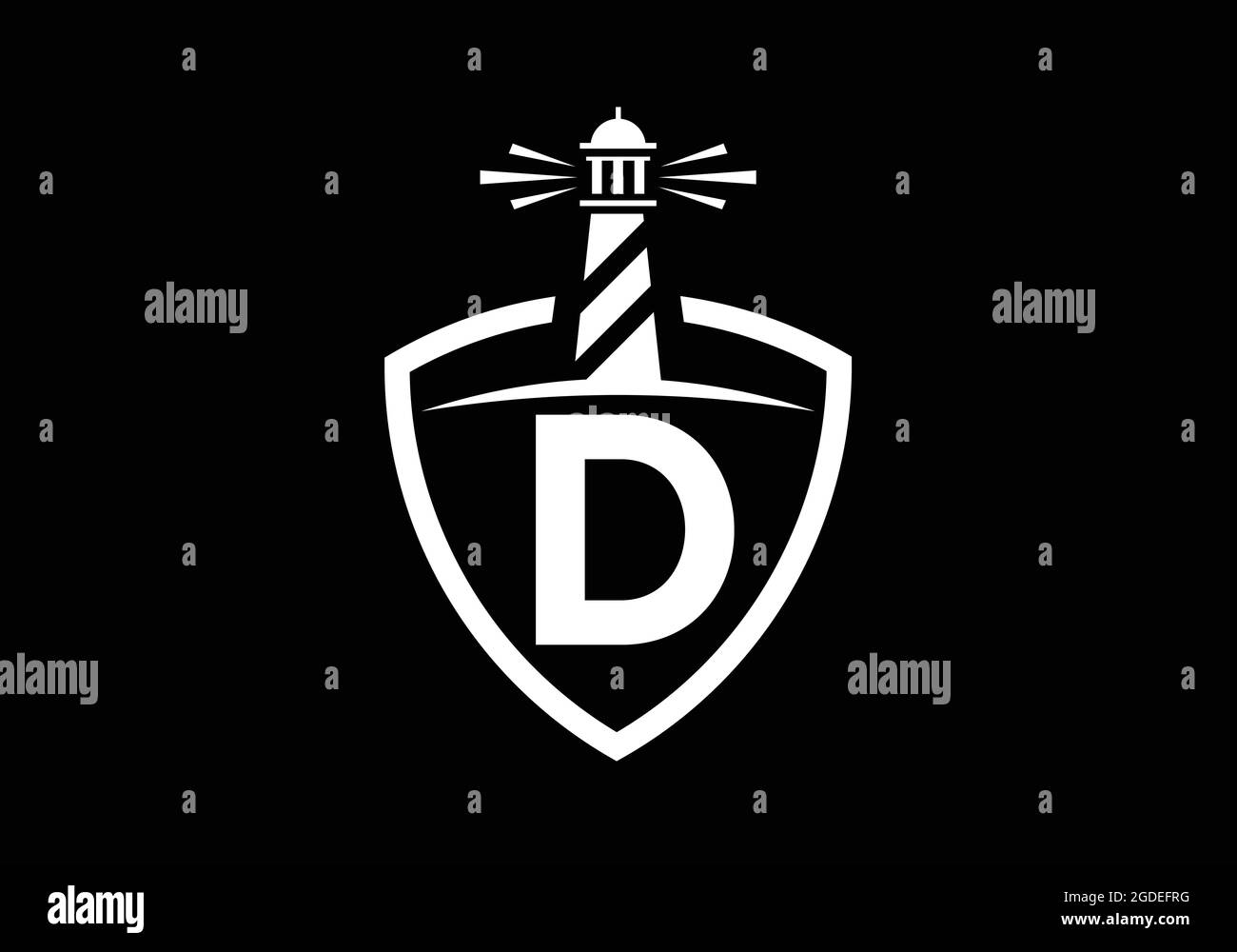 Alfabeto monogramma iniziale D in uno scudo con il faro. Logo Harbour. Fregio del carattere. Moderno logo vettoriale faro per aziende, organizzazioni Illustrazione Vettoriale