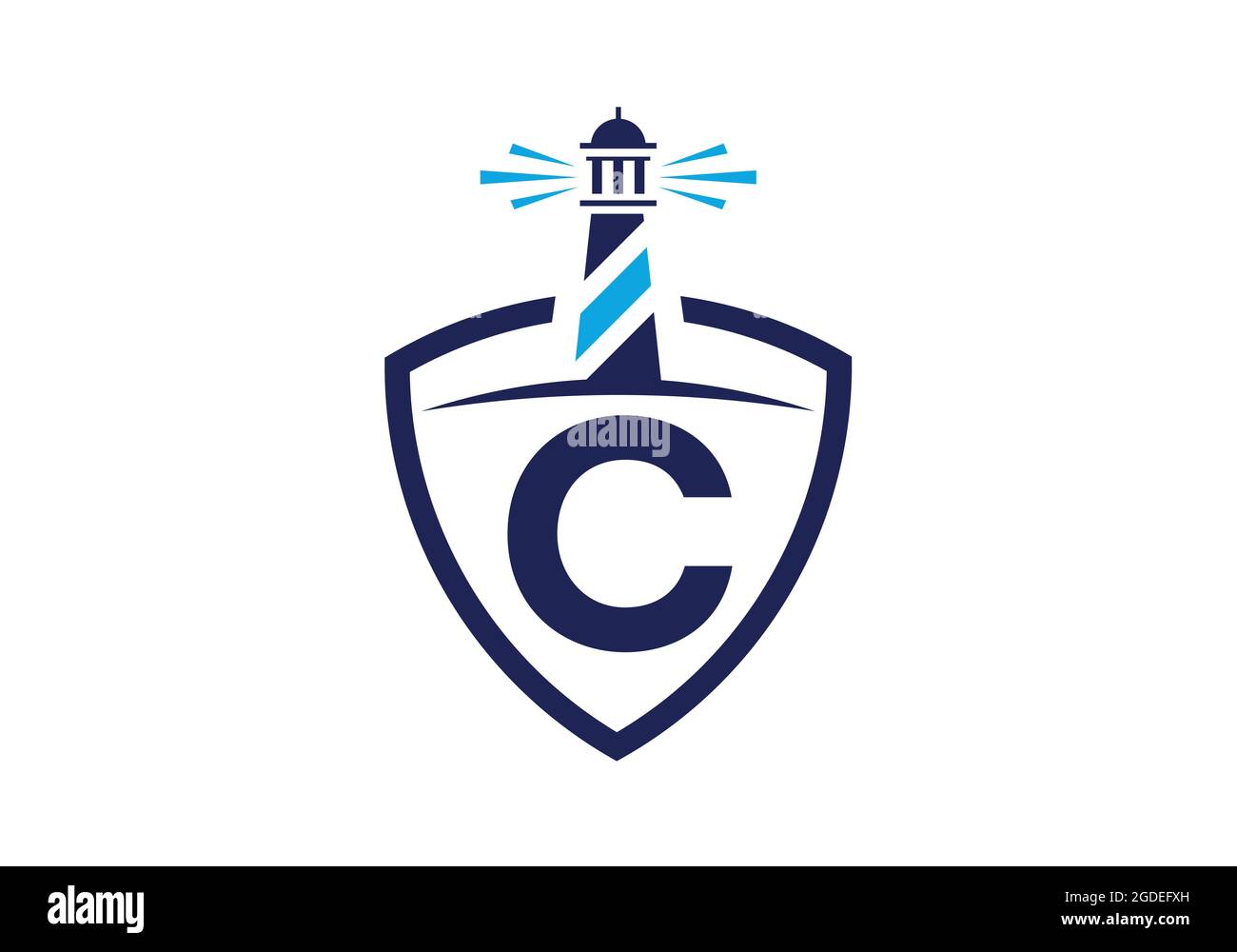 Alfabeto monogramma C iniziale in uno scudo con il faro. Logo Harbour. Fregio del carattere. Moderno logo vettoriale faro per aziende, organizzazioni Illustrazione Vettoriale