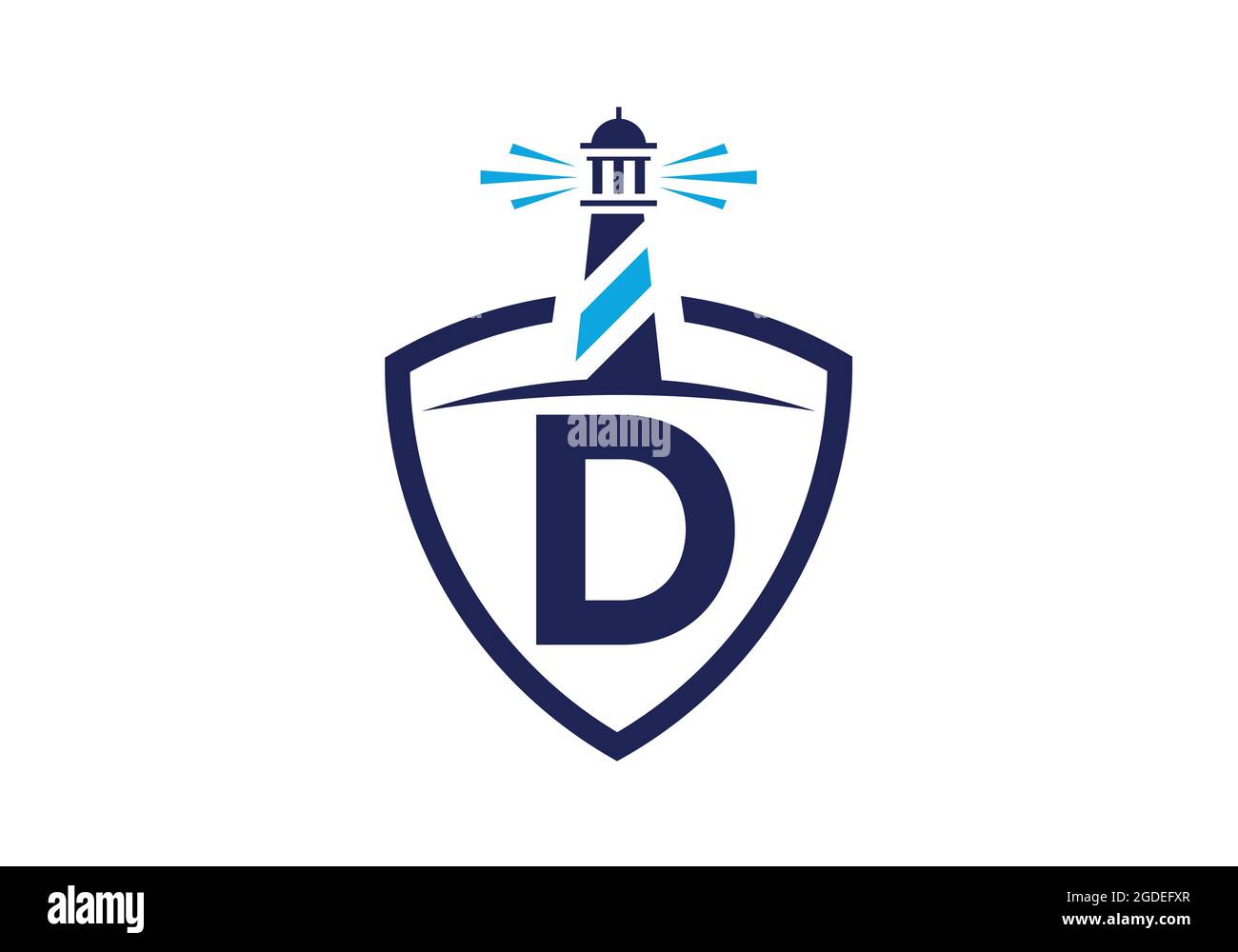 Alfabeto monogramma iniziale D in uno scudo con il faro. Logo Harbour. Fregio del carattere. Moderno logo vettoriale faro per aziende, organizzazioni Illustrazione Vettoriale