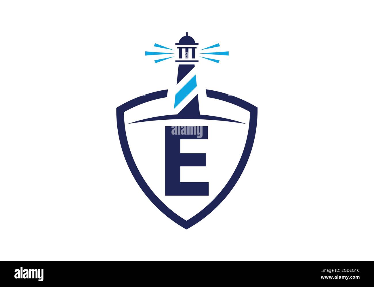 Alfabeto monogramma e iniziale in uno scudo con il faro. Logo Harbour. Fregio del carattere. Moderno logo vettoriale faro per aziende, organizzazioni Illustrazione Vettoriale