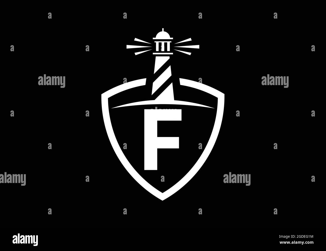 Lettera iniziale del monogramma F in uno scudo con il faro. Logo Harbour. Fregio del carattere. Moderno logo vettoriale faro per aziende, organizzazioni Illustrazione Vettoriale