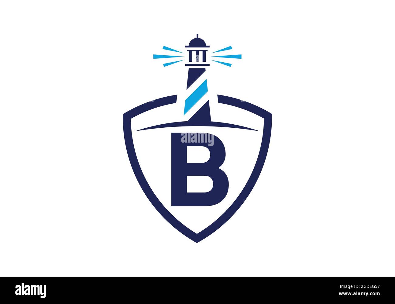 Alfabeto monogramma iniziale B in uno scudo con il faro. Logo Harbour. Fregio del carattere. Moderno logo vettoriale faro per aziende, organizzazioni Illustrazione Vettoriale
