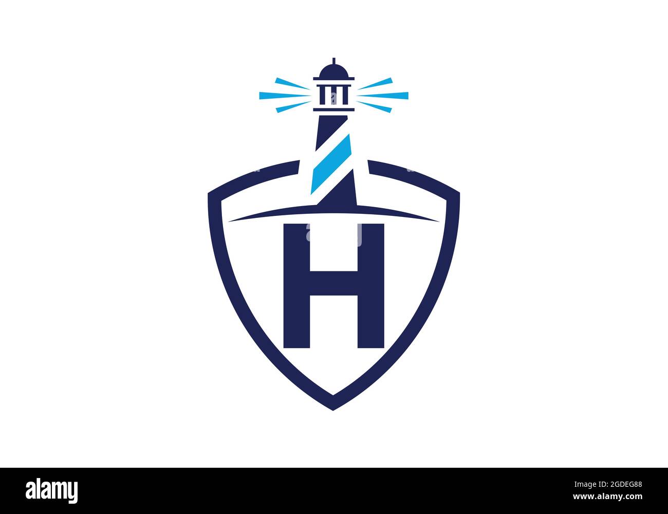 Alfabeto monogramma H iniziale in uno scudo con il faro. Logo Harbour. Fregio del carattere. Moderno logo vettoriale faro per aziende, organizzazioni Illustrazione Vettoriale