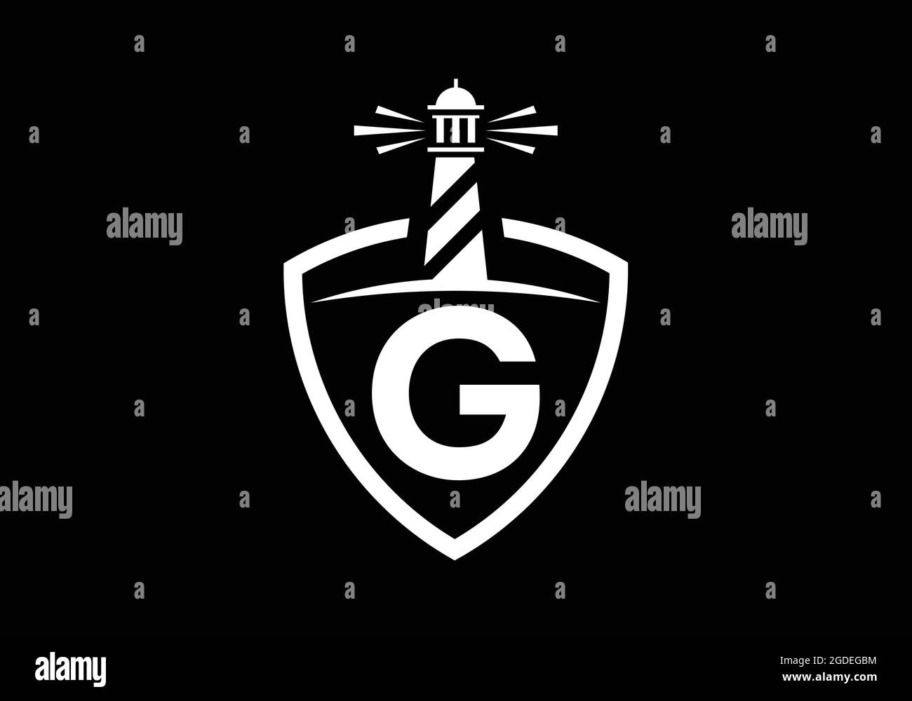 Alfabeto monogramma iniziale G in uno scudo con il faro. Logo Harbour. Fregio del carattere. Moderno logo vettoriale faro per aziende, organizzazioni Illustrazione Vettoriale